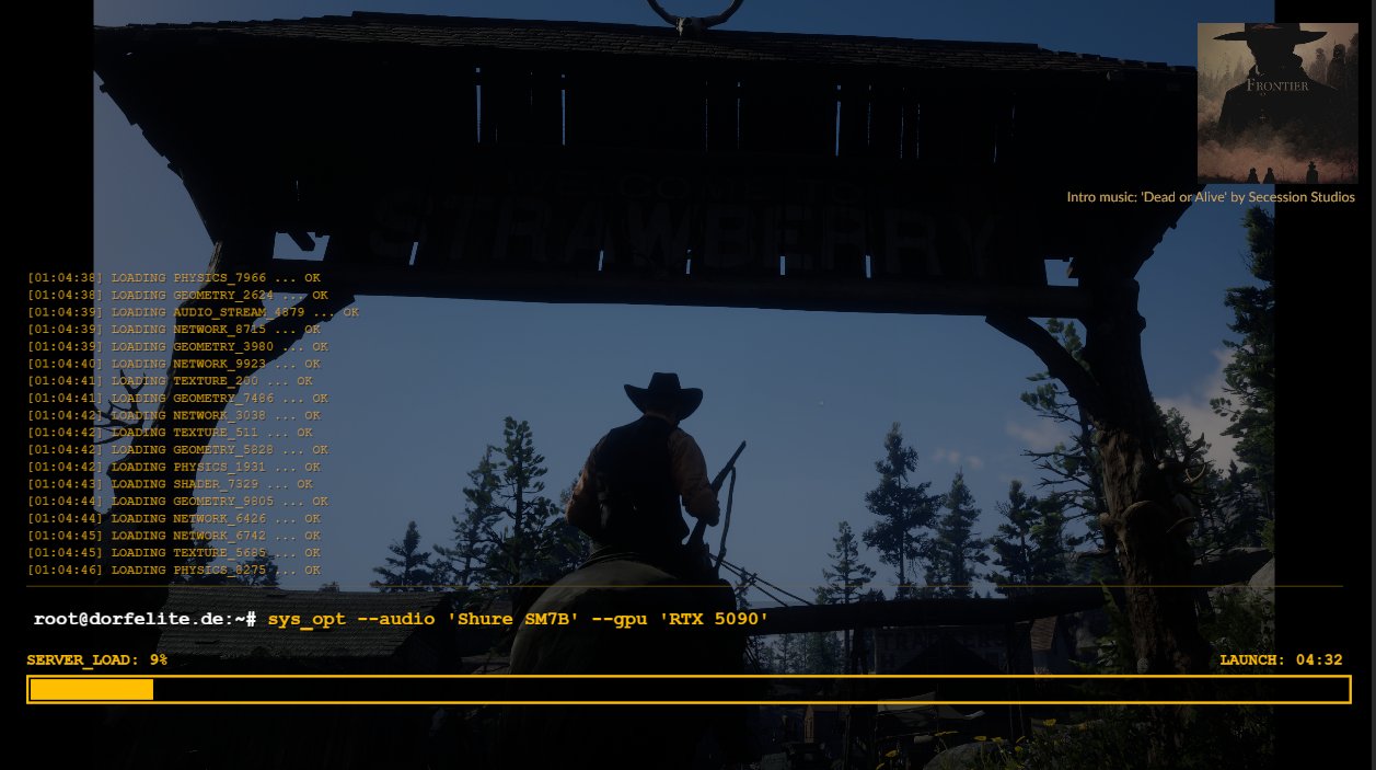 DORFELITE Startscreen-Loader: Terminal-Boot über RDR2-Szene, sys_opt mit Shure SM7B und RTX 5090, Launch-Countdown